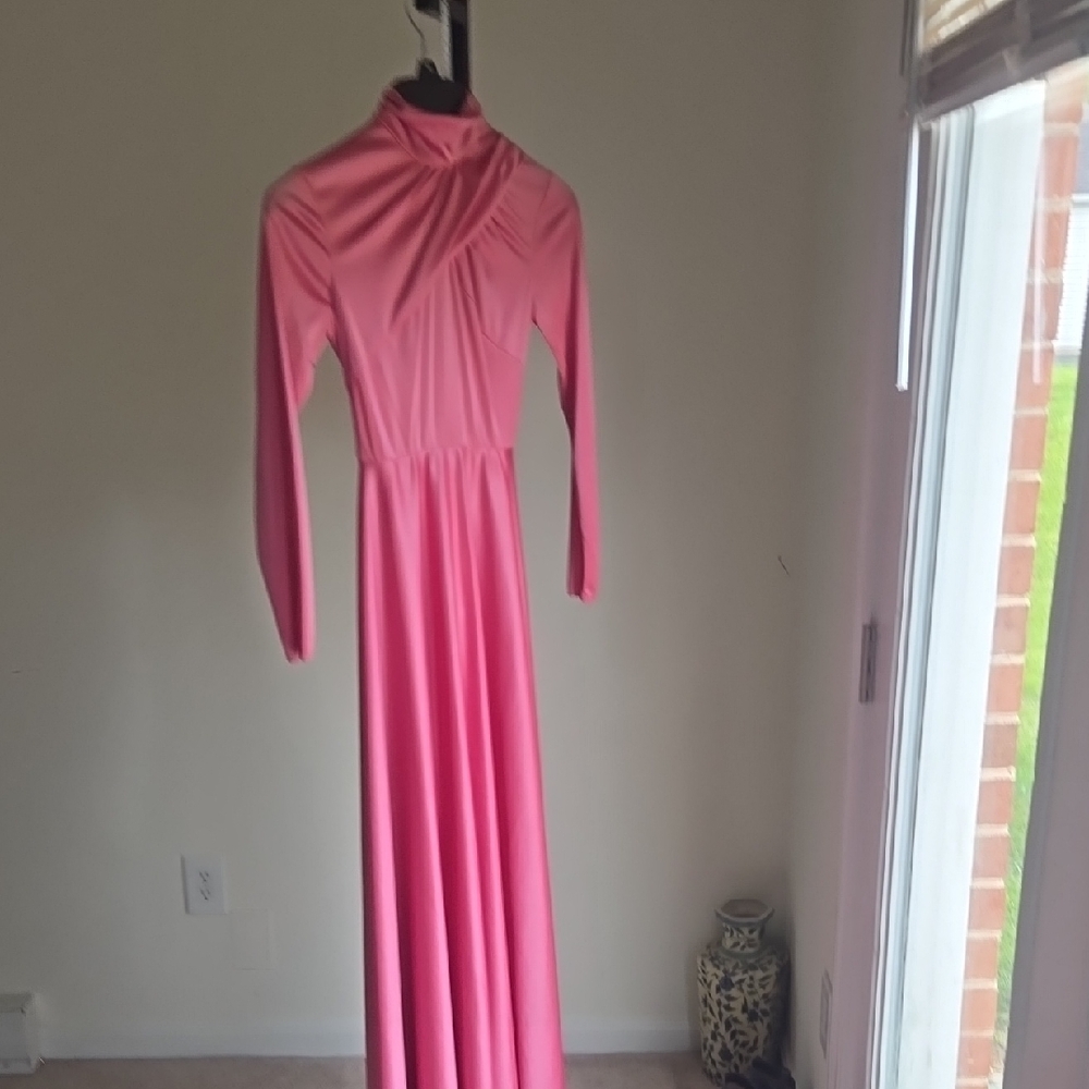 Vintage 70's Pink Long Sleeve High-Neck Maxi Dress With Rouging Size:XS